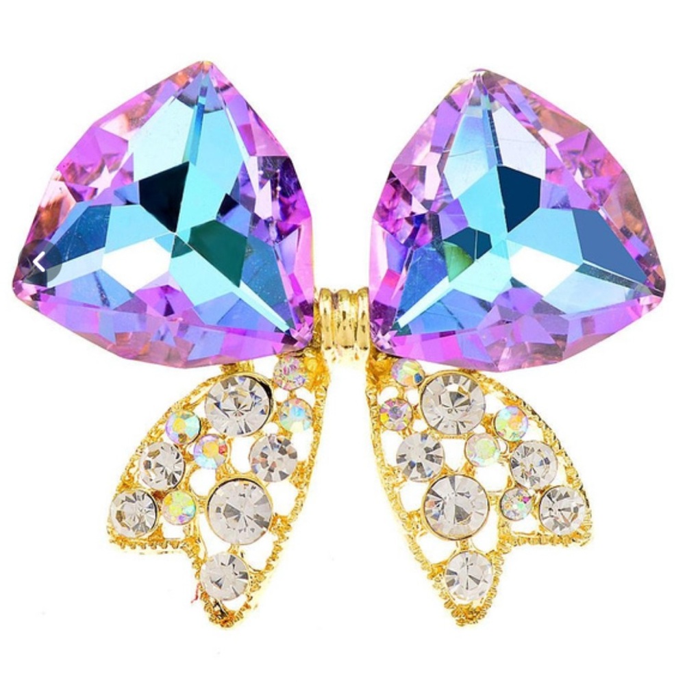 Iridescent Fire Crystal Purple and Gold Bow Rhinestone Brooch NWT